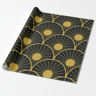 Elegant Art Deco Gold Sun Pattern on Black Wrapping Paper