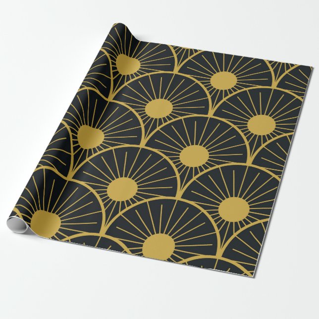 Elegant Art Deco Gold Sun Pattern on Black  Wrapping Paper (Unrolled)