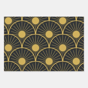 Elegant Art Deco Gold Sun Pattern on Black Wrapping Paper Sheets