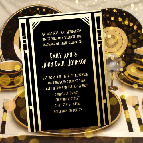 Elegant  Art Deco Gold Wedding      Foil Invitation