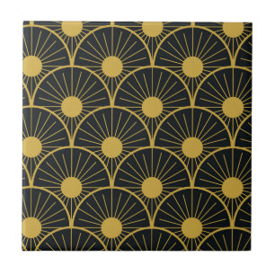 Elegant Art Deco Golden Abstract Sun on Black Ceramic Tile