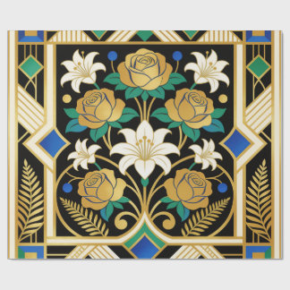 Elegant Art Deco Golden Roses & Lilies Wrapping Paper
