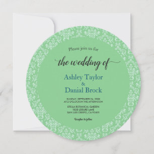Elegant Art Deco Green Damask Formal Round Wedding Invitation