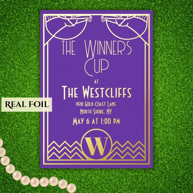 Elegant Art Deco Horse Derby Party Purple Gold Foil Invitation (A regal purple and real gold foil invitation for the big horse racing cup race)