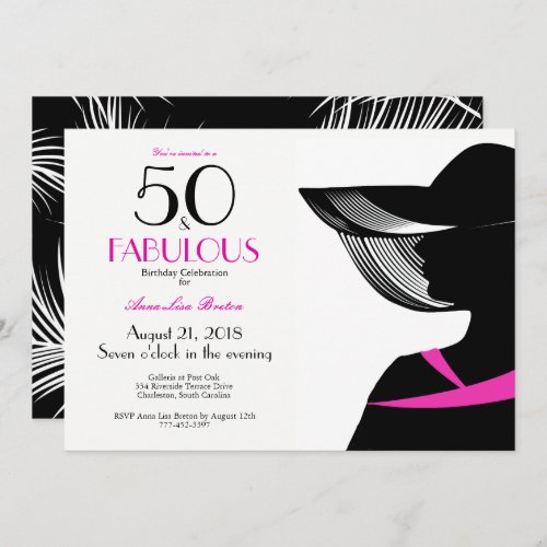 Elegant Art Deco hot pink elegant lady 50  Fab Invitation