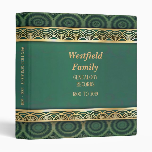 Elegant Art Deco Hunter Green And Gold Genealogy  3 Ring Binder (Front/Spine)
