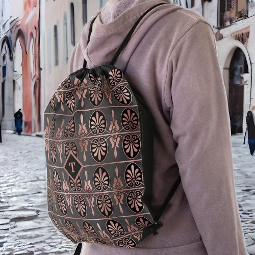 Elegant Art Deco in Coppery Rose Gold and Black Drawstring Bag