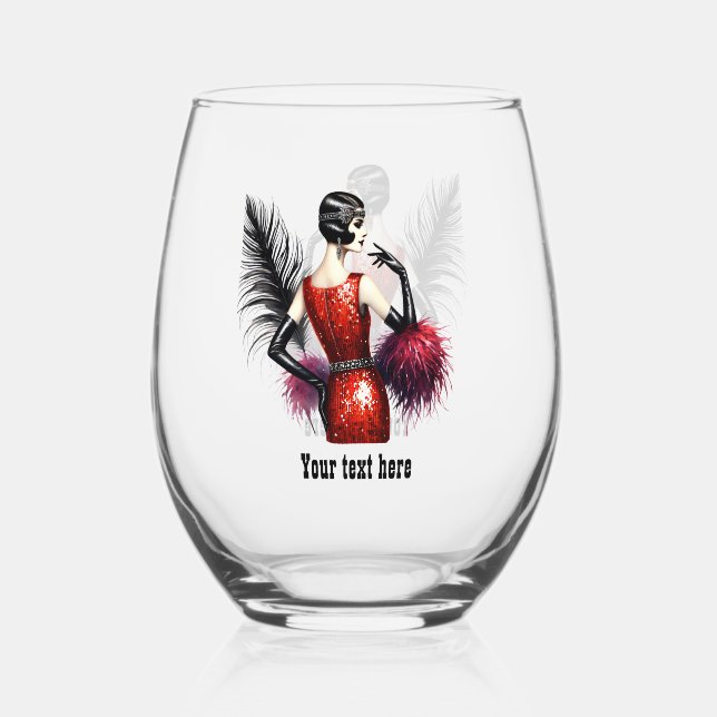 Elegant Art Deco lady customizable  Stemless Wine Glass (Front)