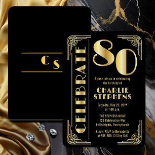 Elegant Art Deco Luxury 80th Birthday Party Foil Invitation