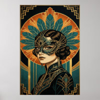 Elegant Art Deco Masquerade Woman Gold Teal Poster