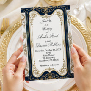 Elegant Art Deco Navy & Gold Wedding Invitation Foil Invitation