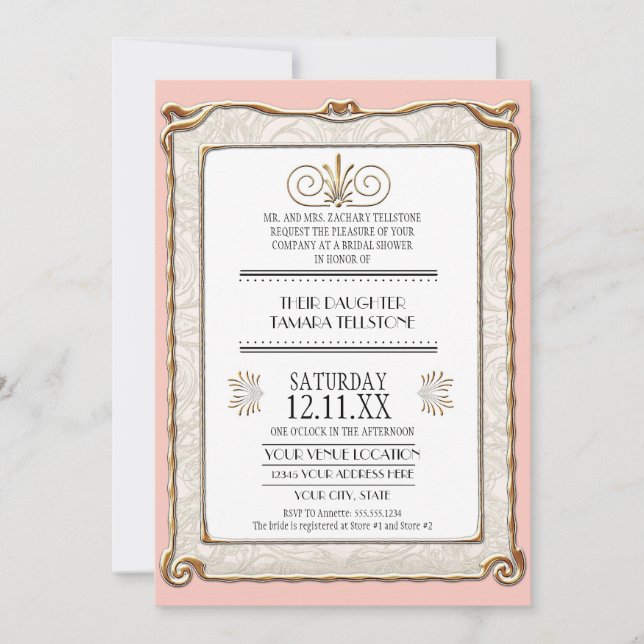 Elegant Art Deco Nouveau Gatsby  Gold n Lace 1920s Invitation (Front)