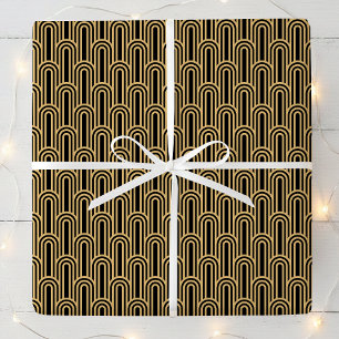 Elegant Art Deco Pattern Arches Black Gold Chic Wrapping Paper
