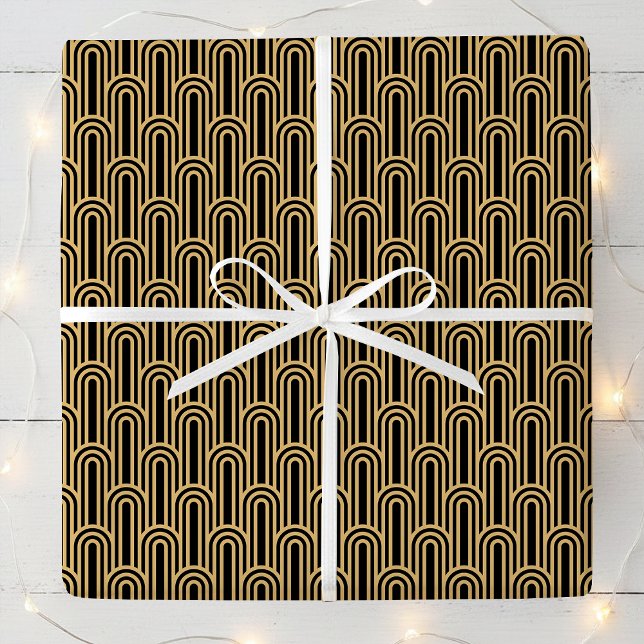 Elegant Art Deco Pattern Arches Black Gold Chic Wrapping Paper (Creator Uploaded)