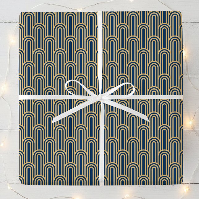 Elegant Art Deco Pattern Arches Navy Gold Chic Wrapping Paper (Creator Uploaded)