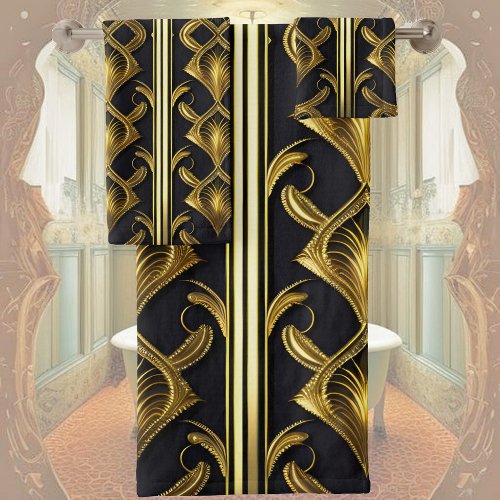 Elegant art deco pattern in black and gold bath towel set
