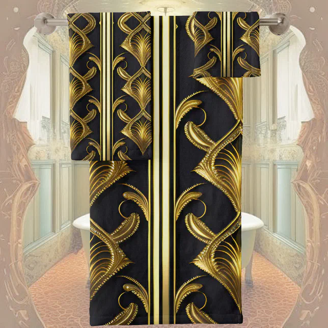 Elegant art deco pattern in black and gold bath towel set | Zazzle