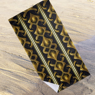 Elegant art deco pattern in black and gold beach towel