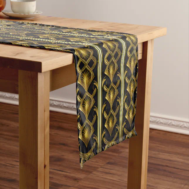 Elegant art deco pattern in black and gold short table runner | Zazzle