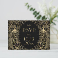 Elegant Art Deco Peacocks Gold RSVP Invitation
