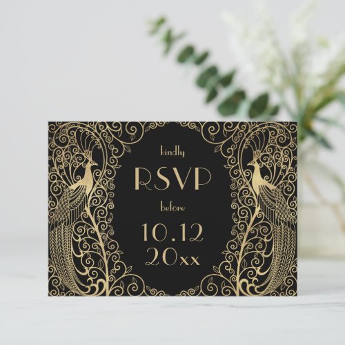 Elegant Art Deco Peacocks Gold RSVP Invitation