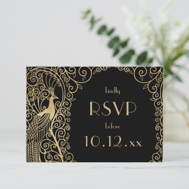 Elegant Art Deco Peacocks Gold RSVP Invitation (Standing Front)