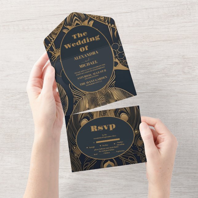 Elegant Art Deco Peacocks Wedding All In One Invitation (Tearaway)