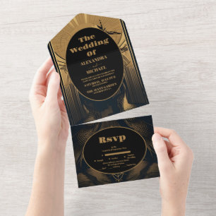 Elegant Art Deco Peacocks Wedding All In One Invitation