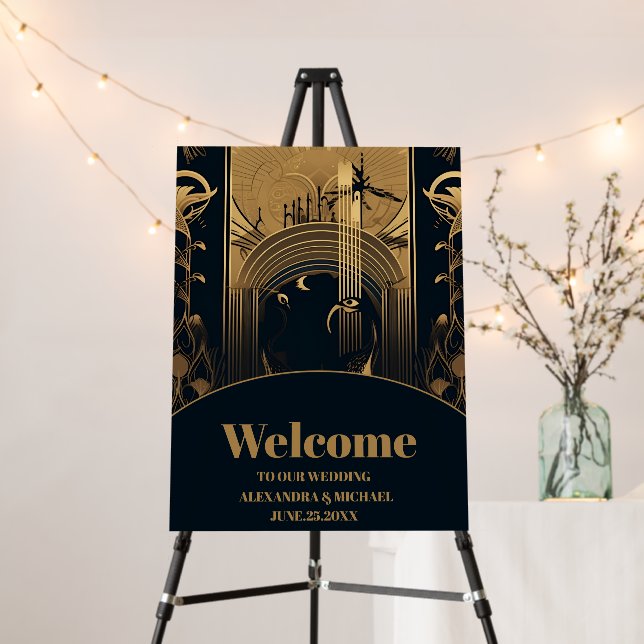 Elegant Art Deco Peacocks Wedding Foam Board (In Situ (Stand))