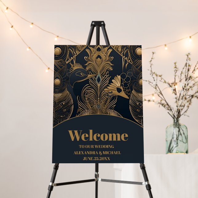 Elegant Art Deco Peacocks Wedding Foam Board (In Situ (Stand))