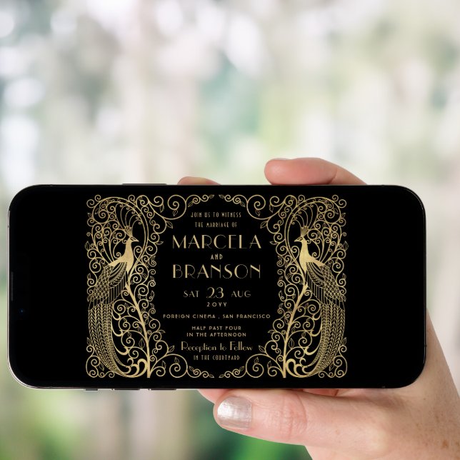 Elegant Art Deco Peacocks Wedding Gold on Black Invitation (Front Digital)