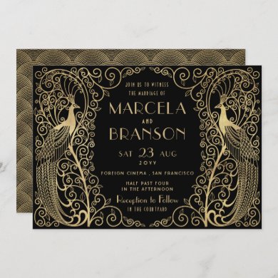 Elegant Art Deco Peacocks Wedding Gold on Black Invitation