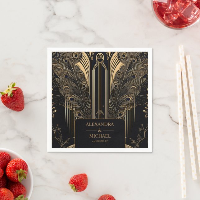 Elegant Art Deco Peacocks Wedding Napkins (Insitu)