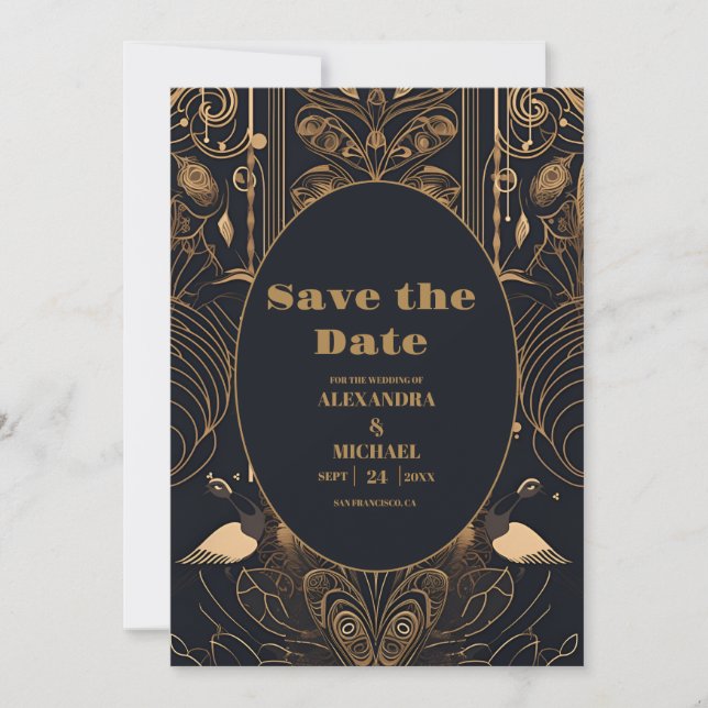 Elegant Art Deco Peacocks Wedding Save The Date (Front)