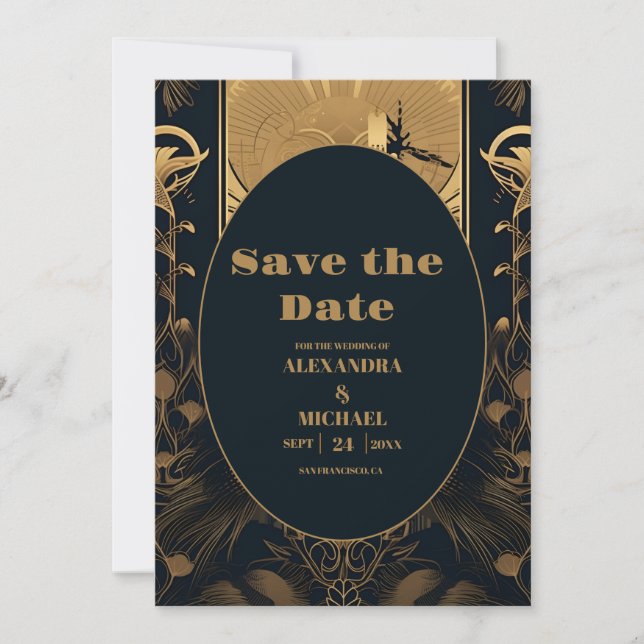 Elegant Art Deco Peacocks Wedding Save The Date (Front)
