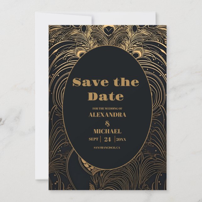 Elegant Art Deco Peacocks Wedding Save The Date (Front)