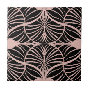 Elegant Art Deco Pink & Black Gouache Scallops Ceramic Tile