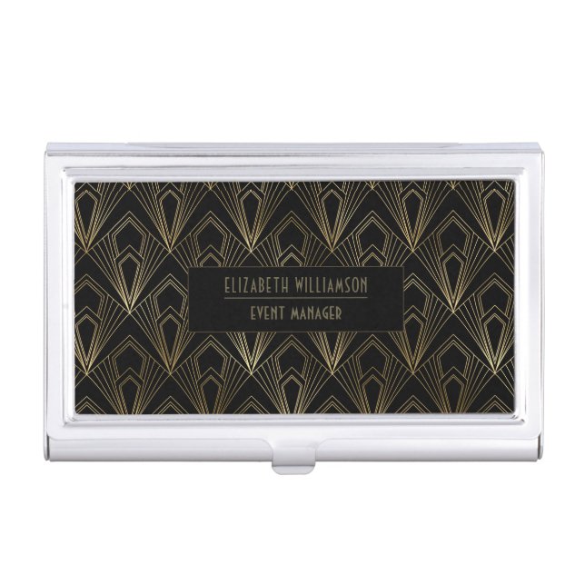 Elegant Art Deco Professional | Black and Gold Business Card Case (Front)
