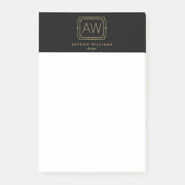 Elegant Art Deco Professional Monogram Black/Gold Post-it Notes (Front)