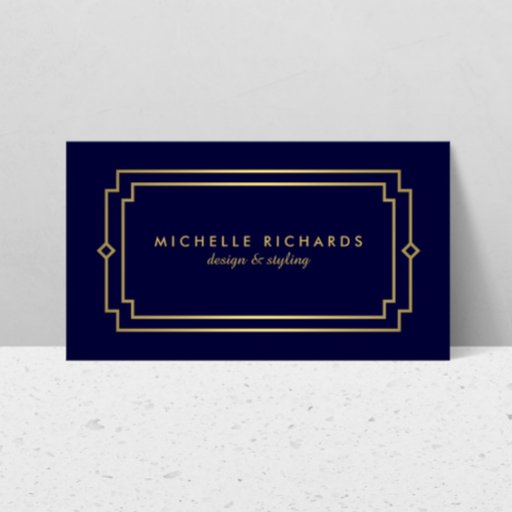 Customizable Professional Vintage Art Deco Elegant Gold, Navy Business Cards