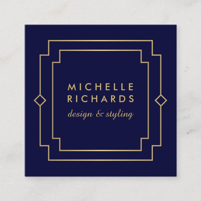 Elegant Art Deco Professional Navy/Gold Square Business Card (Front)
