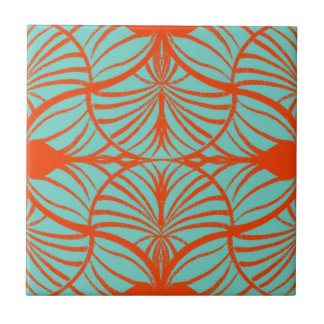 Elegant Art Deco Red & Turquoise Gouache Scallops Ceramic Tile