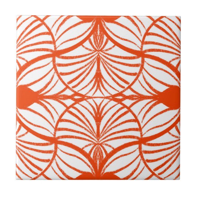 Elegant Art Deco Red & White Gouache Scallops Ceramic Tile (Front)