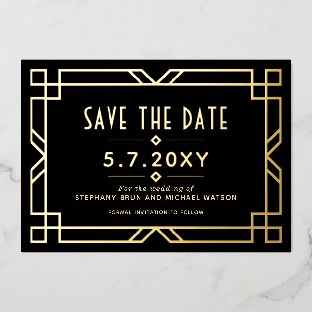 Elegant Art Deco Save the Date Black Gold Card (Front)