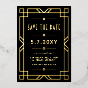 Elegant Art Deco Save the Date Black Gold Card