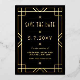 Elegant Art Deco Save the Date Black Gold Card
