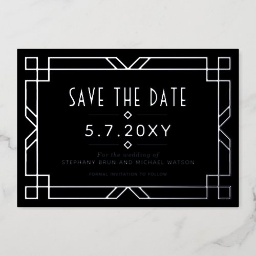 Elegant Art Deco Save the Date Black Silver Card