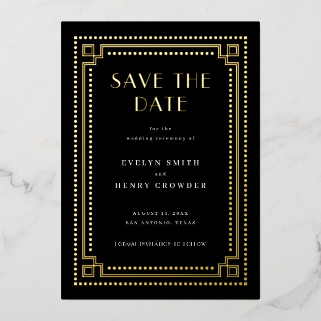 Elegant Art Deco Save the Date Card with border (Front)