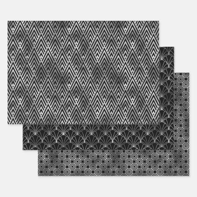 Elegant Art Deco Silver Patterns Wrapping Paper Sheets (Set)