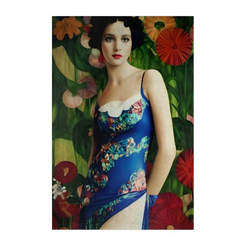 Elegant Art Deco Style Woman wth Large Flowers Art